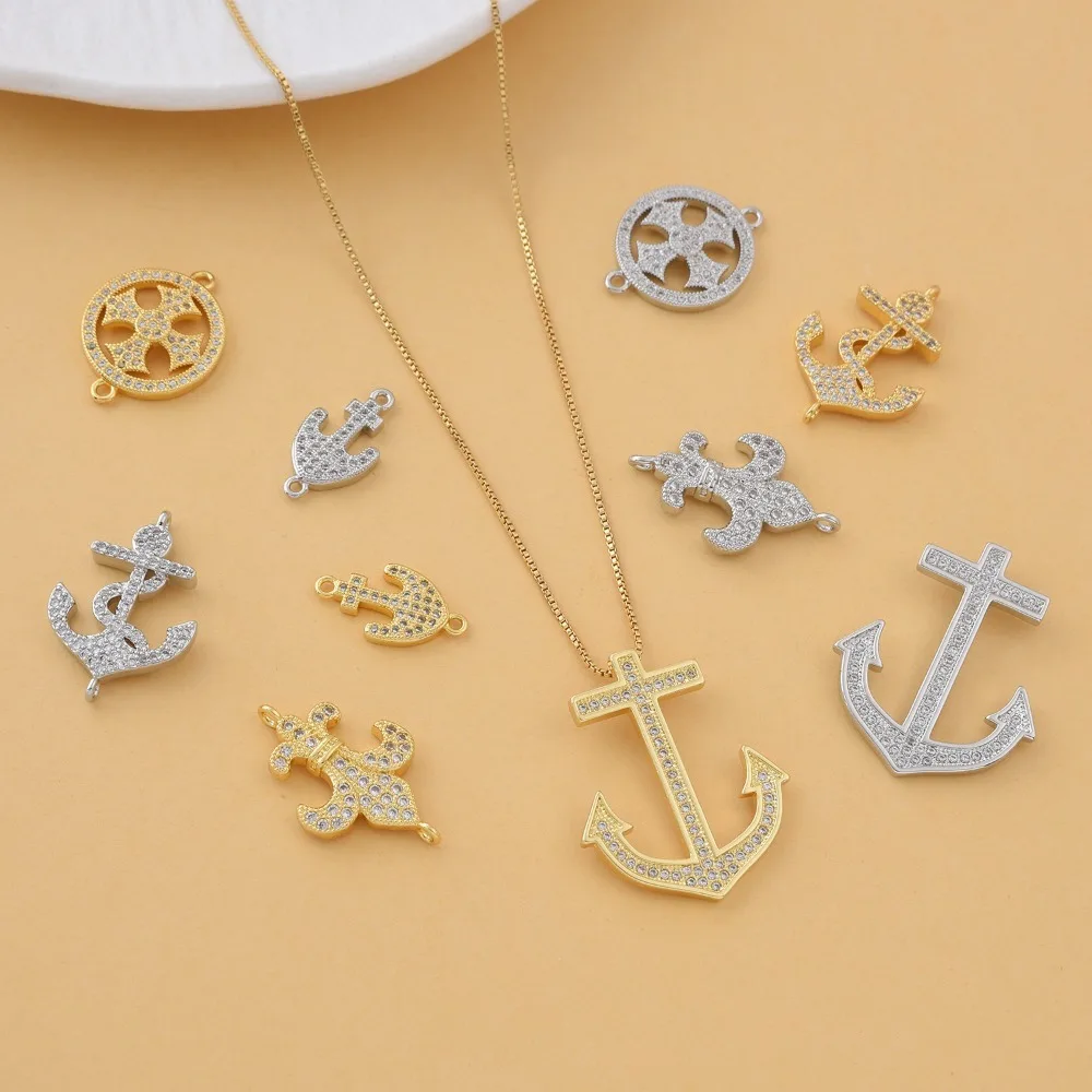 

2 Pcs Copper Gold Plated Ship Anchor Pendant Connector DIY Jewelry Accessories Pave Inlay Zircon Bracelet Necklace Making Parts