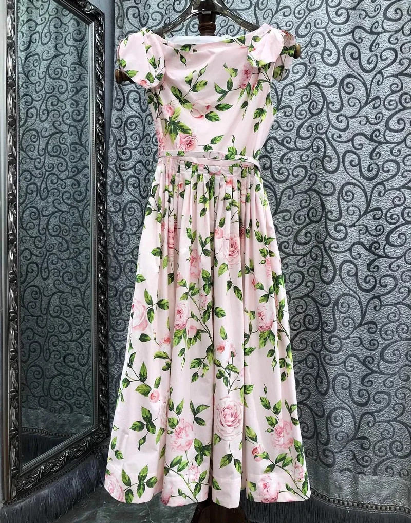 100%Cotton Women Dress 2025 Spring Summer Designer Clothing Lady Sweet Little Floral Print Bow Deco Sleeveless Pink Dress Party