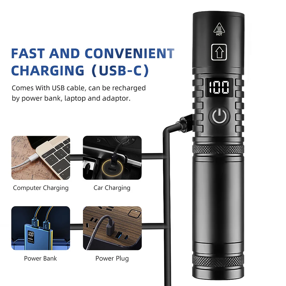 High Power Spotlight Long Range LED Flashlight With Power Type-C Charging Zoomable Aluminum Alloy Tactical Torch Outdoor Lantern