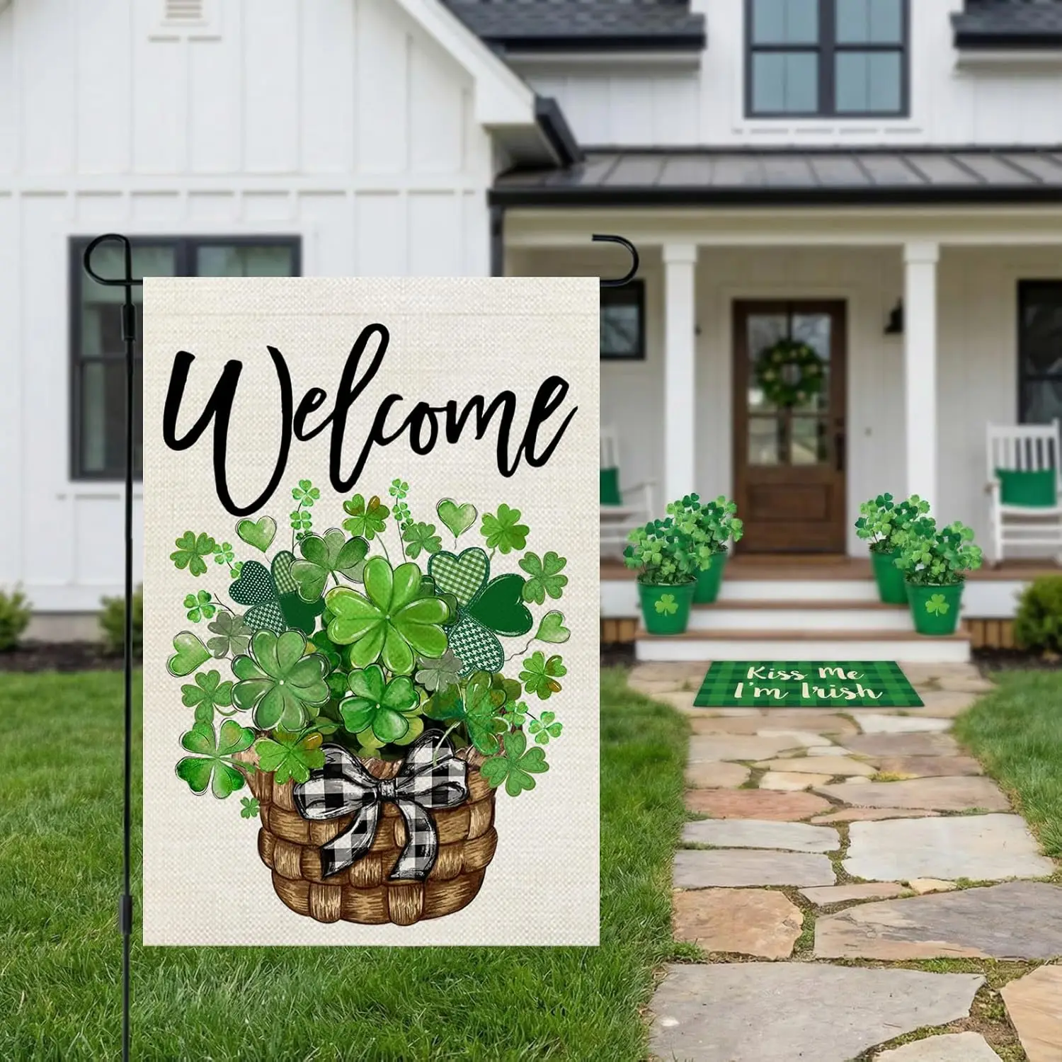 CROWNED BEAUTY St Patricks Day Garden Flag Shamrocks Clover Basket 12x18 Inch Double Sided Green Holiday Decoration for Outd PPM