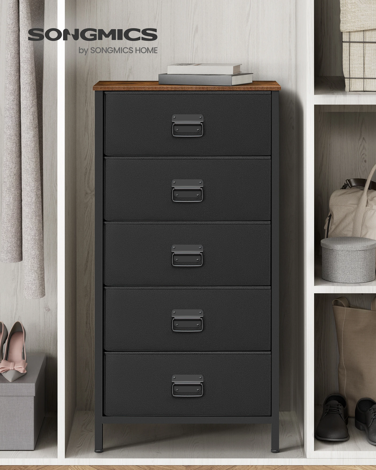 SONGMICS Dresser for Bedroom, Storage Organizer Unit with 5 Fabric Drawers, Chest of Drawers, Steel Frame, for Living Room