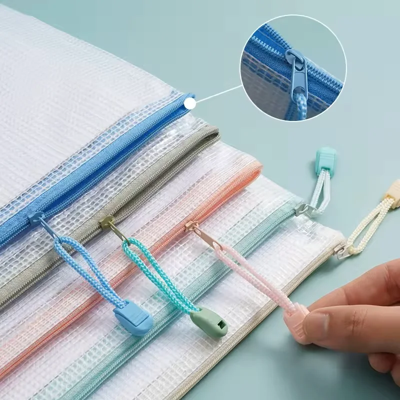 10Pack Mesh Zipper Bag Pouch Waterproof A3 A4 A5 PVC Mesh Zipper Storage Bag for Files Toy Stationery for Office Home Travel Use