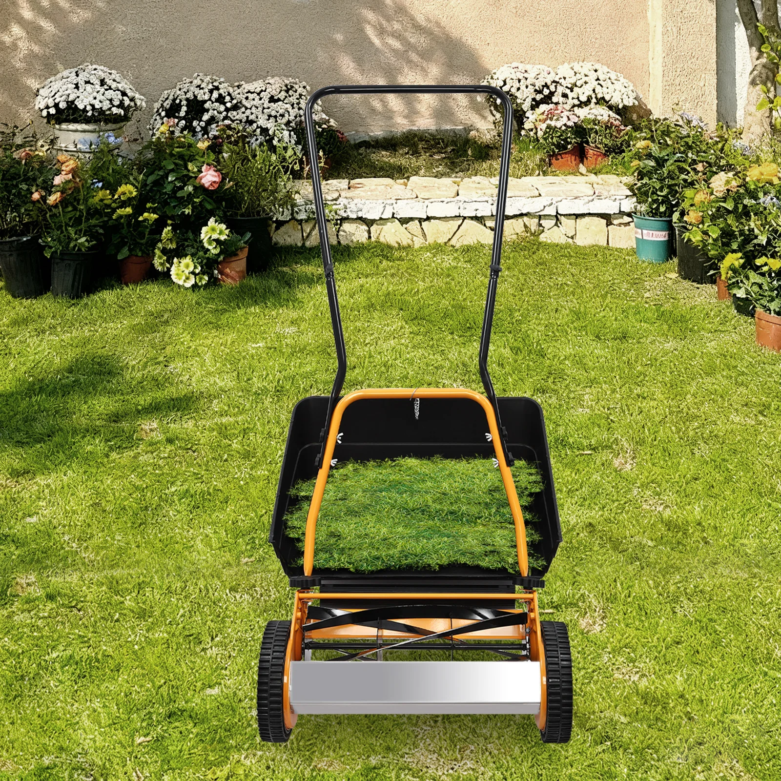 Walk-behind Lawn Mower, Hand Push Lawn Mower 16 Inches, Manual Steel Aluminum Grass Cutter Bin Anti Slip Wheels for Garden Yard Home Outdoor