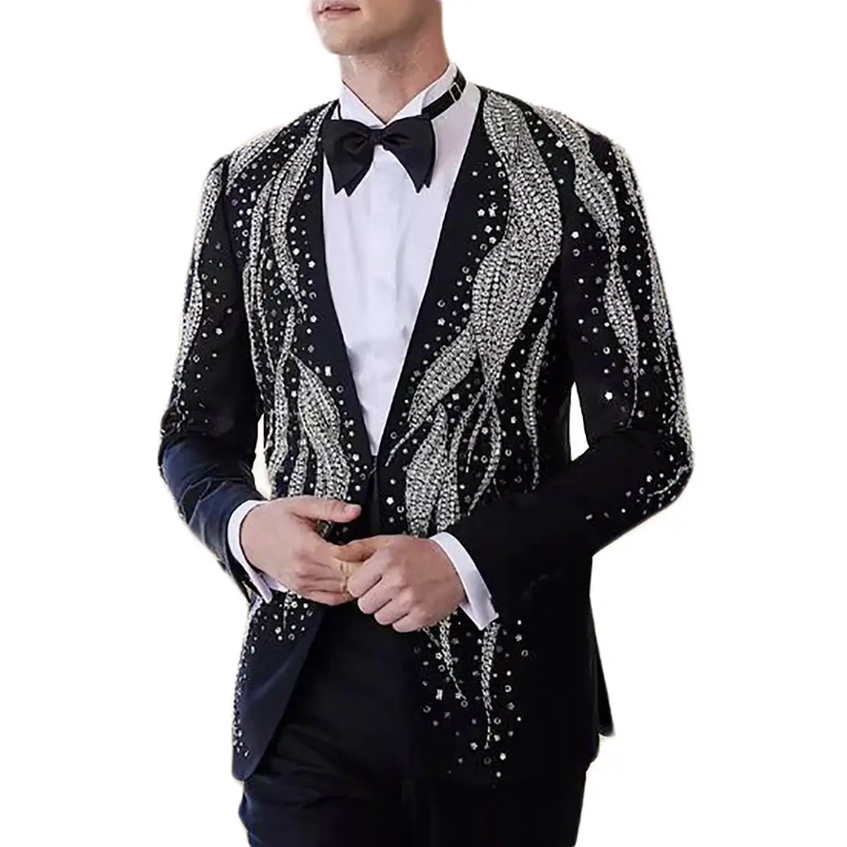 ผู้ชายหรูหราชุดลูกปัดคริสตัล Designer 2 ชิ้น Blazer กางเกง Casual โอกาสปาร์ตี้ที่กําหนดเอง PLUS ขนาด Tuxedo ที่กําหนดเอง