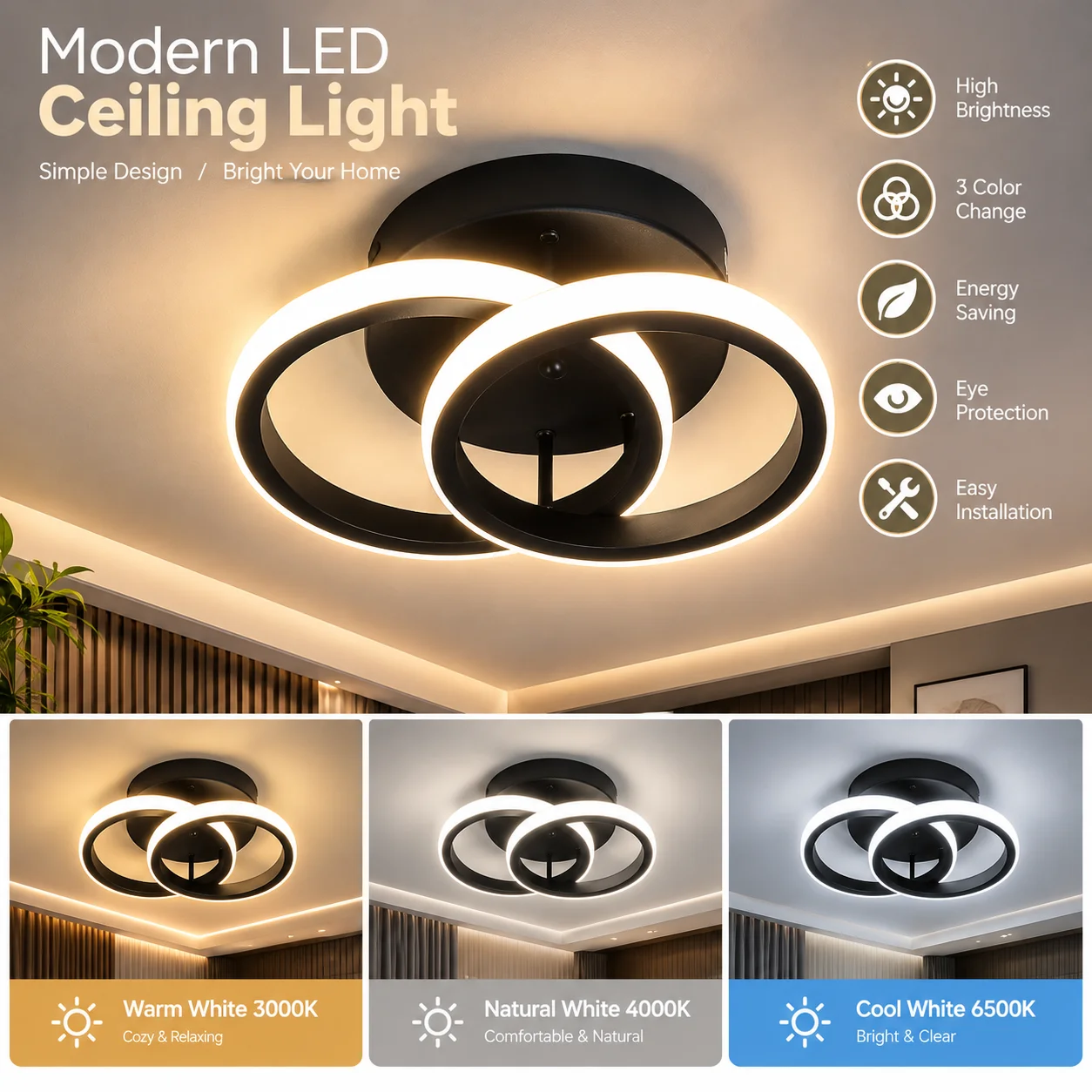 LED Moderne Deckenleuchte Haushalts-Kronleuchter Dreifarbige Lampe Schlafzimmerbeleuchtung Aufputzmontage Esszimmerlampe