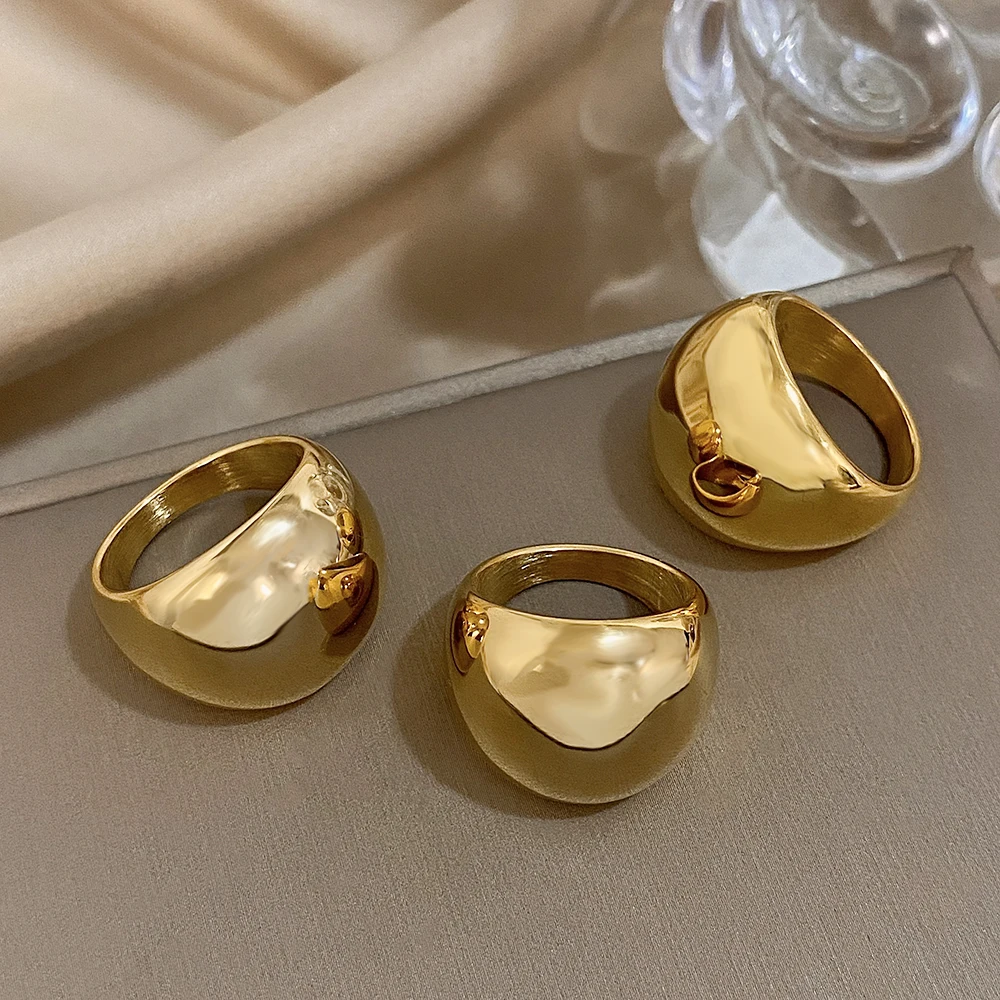 1pc Gold Plated Smooth Curved Ball Shape Stainless Steel Rings for Women Glossy Chunky Geometric Finger Ring Fashion Jewelry