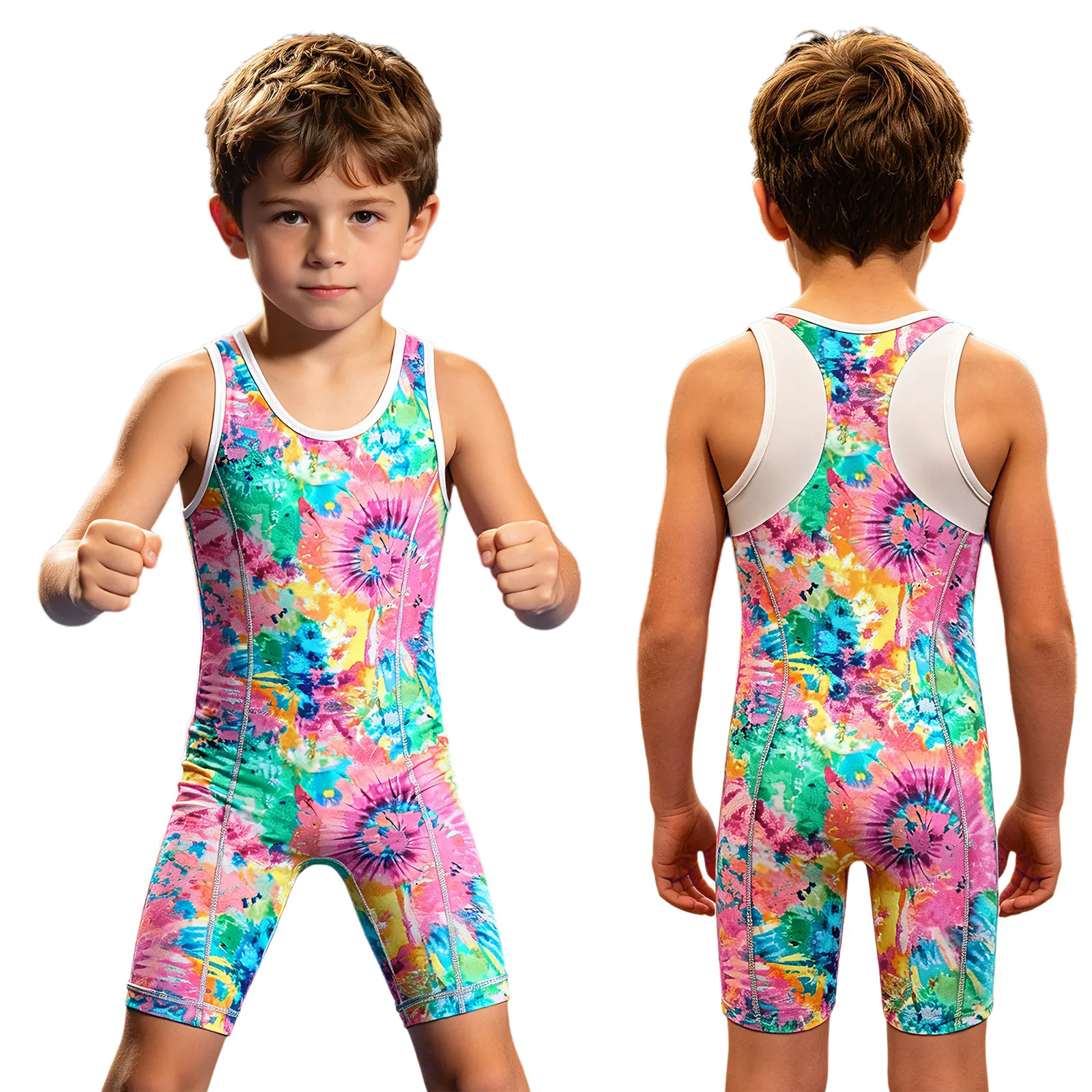 Kids Boys Printed Wrestling Singlet Sleeveless Quick-drying Thigh Length Jumpsuit for Dance Rehearsal Acro Performance Costume