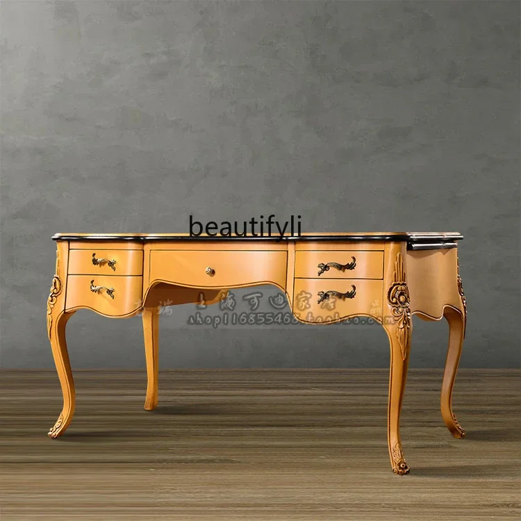 

French neoclassical study furniture, European yellow gold-painted retro old solid wood desk