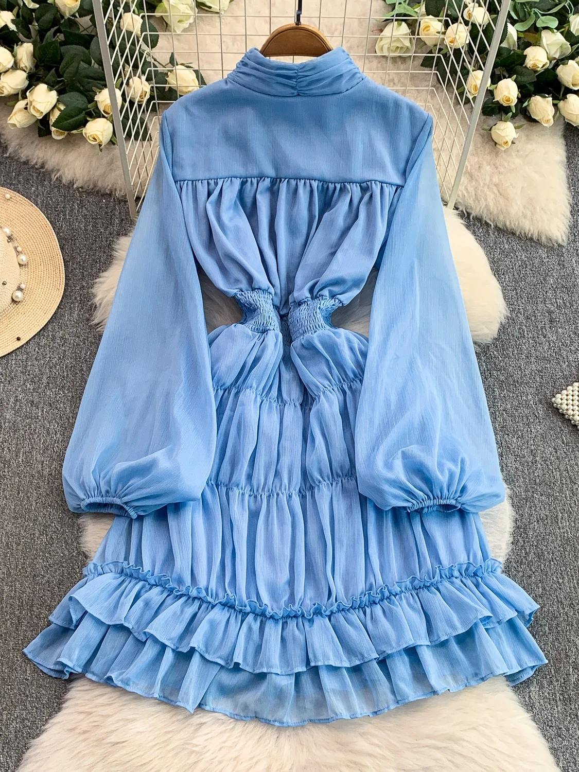 Ele Metal Bule Stand Collar largo Sve Mujer Dr Otoño Invierno gasa plisada cintura ceñida blusa Ci Commute