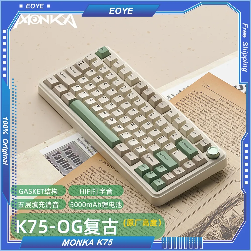 MONKA K75 Retro Tri-mode Gasket Mechanical Keyboard Wireless Bluetooth 2.4g Customized Hot Swap Gaming Office Ergonomic Esports