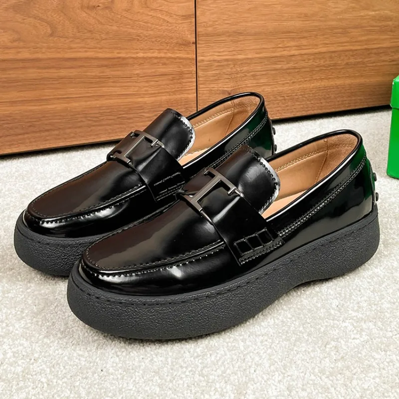 

New British Fashion Luxury Loafers Men Genuine Leather Slip on Casual Sneakers Thick Sole Height Increasing Work Oxfords Flats