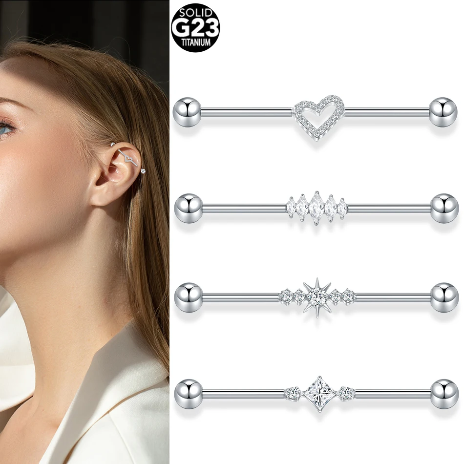 1/5PCS Titanium Industrial Barbell Ear Ring Heart CZ Cartilage Helix Earring Long Bridge Earring Piercing Sexy Jewelry 38mm