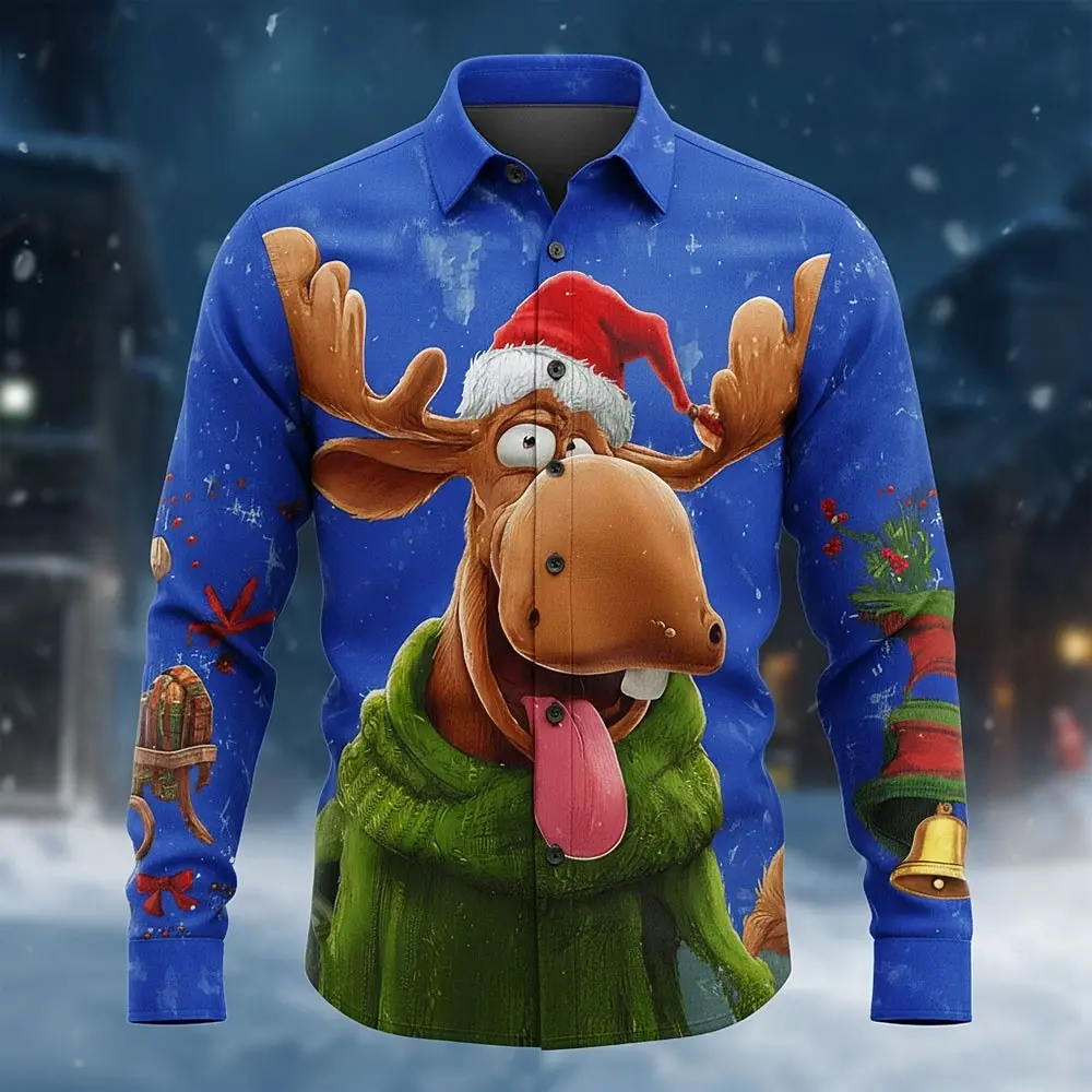 

Funny Elk Graphic Long Sleeve Shirt For Men Women 3D Printed Christmas Animal Pattern Lapel Shirts Autumn Winter Casual Clothing