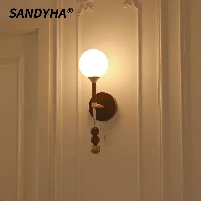 SANDYHA French Wall Lamp Wood Glass Bedside Lamp LED Background Light for Living Room Bedroom Dining Table Home Decor Lighting