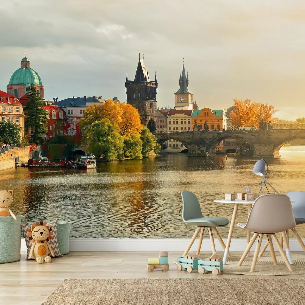 Self-adhesive material featuring a Gothic tower and autumn-colored trees, perfect for living room and bedroom background walls.