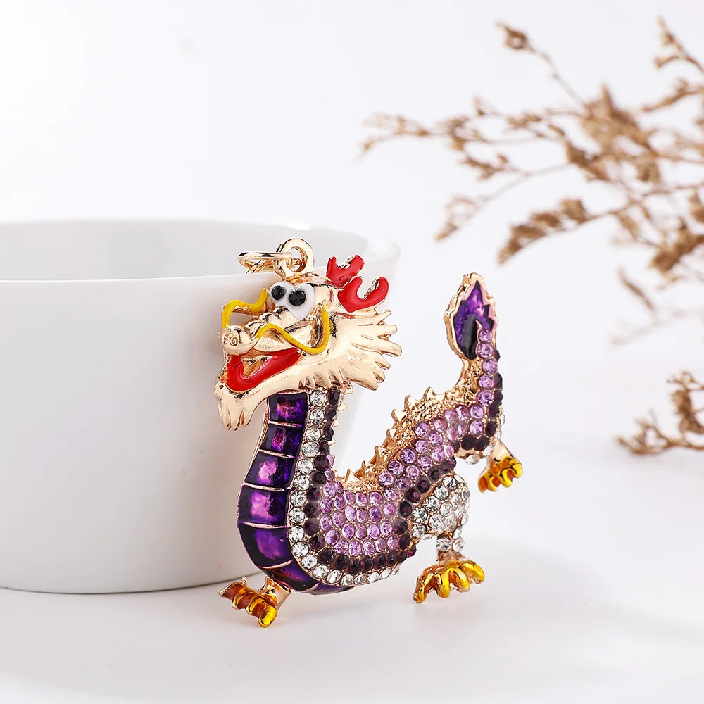 Dragon Keychains With Rhinestones Inlay Lucky Chinese Dragon Hanging Ornament Keyring 3d Cartoon 2024 New Year Gifts Key Holders