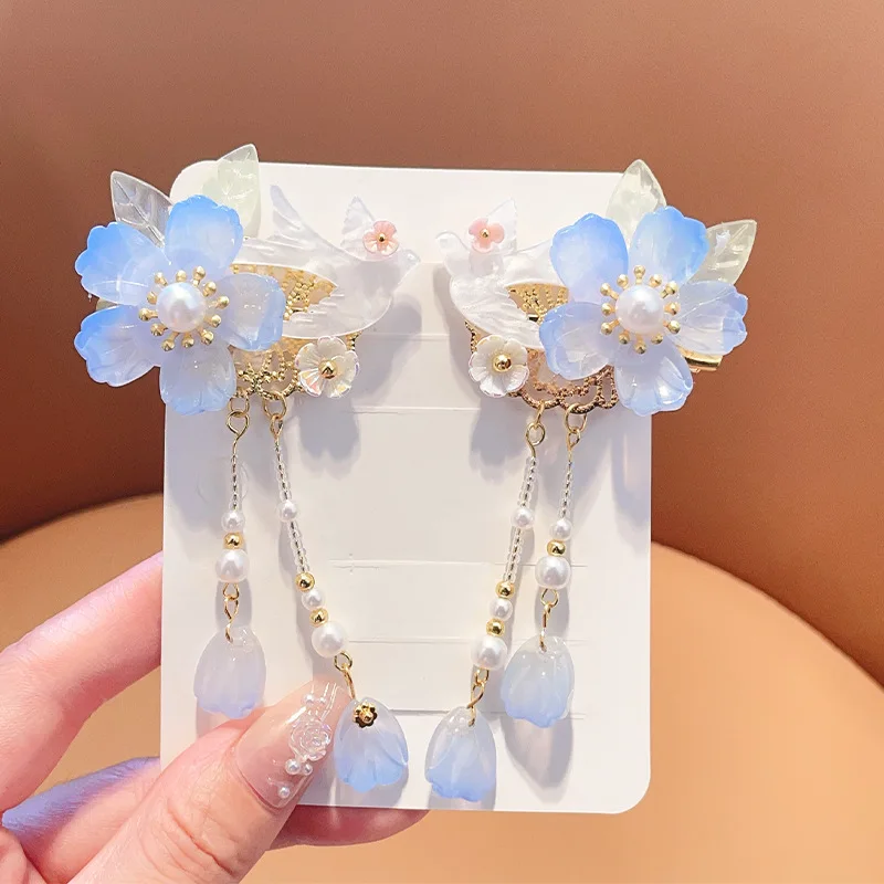 1pair Girls Flower Hair Clip Pearl Pendant Hairpin Cute Classic Taassel Tiara Chinese Hanfu Headwear Fairy Vintage Hair Jewelry image 4