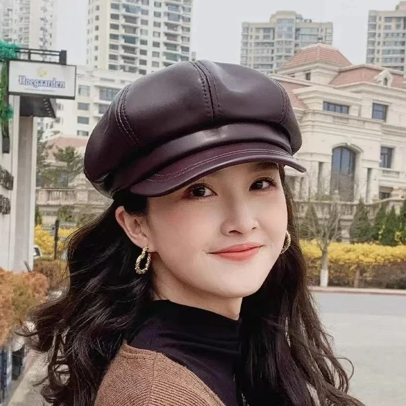 

Octagonal Cap Fashion Literary Beret Caps For Women Spring Genuine Leather Powder Painter Hat Elegant Casquette Femme