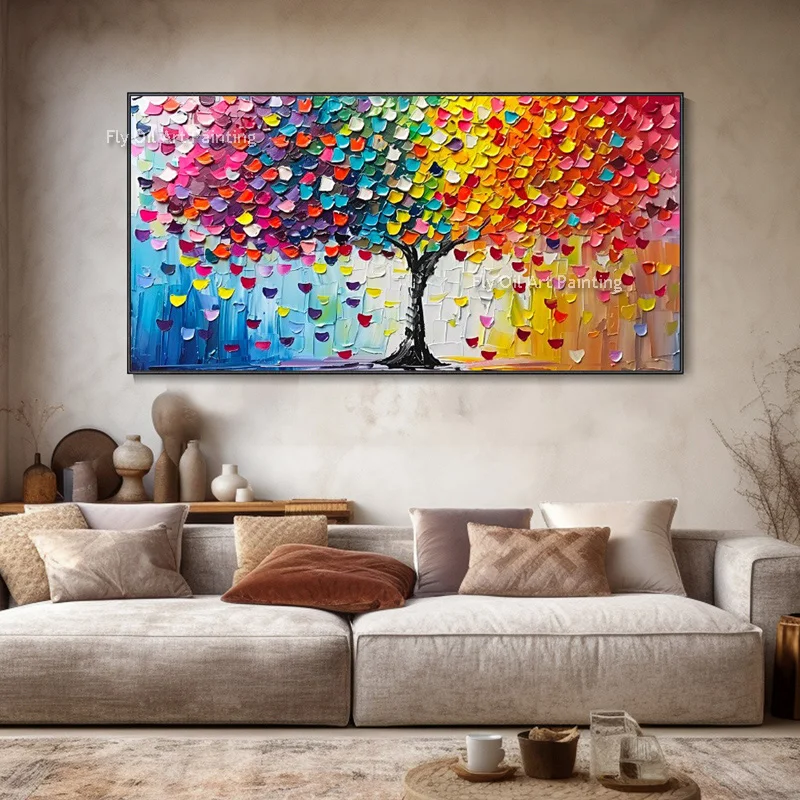 Colorful Tree Knife Thick Oil Painting Hand Painted Aesthetic Canvas Modern Artwork Abstract Treescape Wall Art For Home Decor