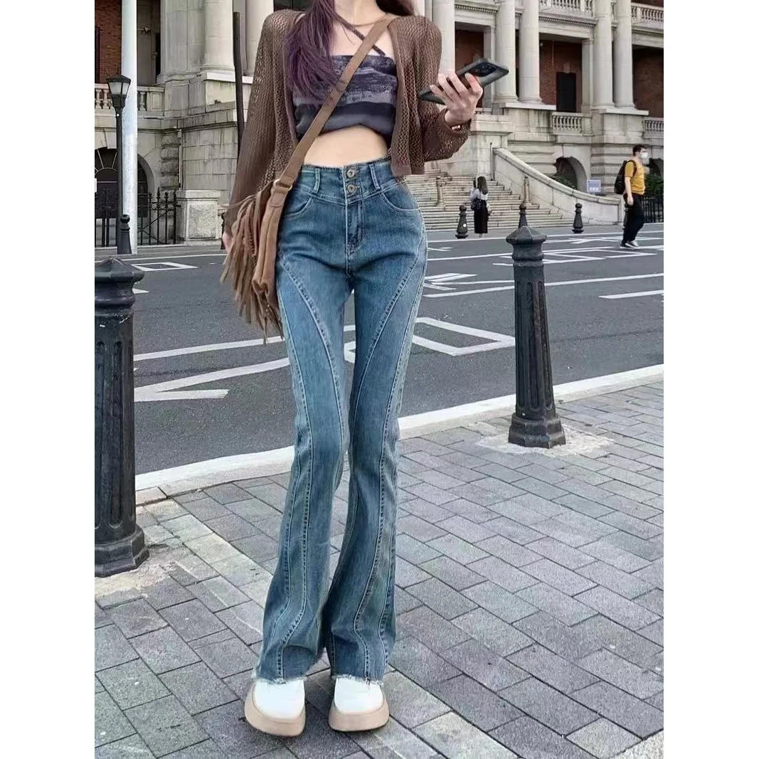 

Four Seasons New Fashion Women's High Waist Skinny Jeans Flare Pants Casual High Street Elastic Denim Trousers Female Streetwear