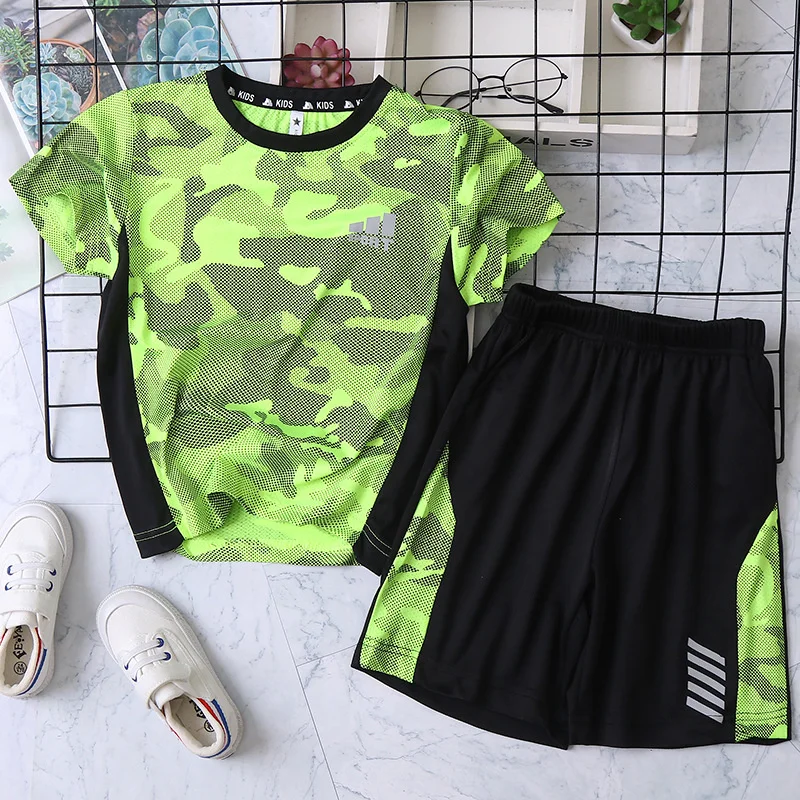 Outdoor Quick-Dry Kids Top Summer T-Shirt+Shorts Sets Moisture Wicking Camouflage Print Baby Boys 2-Piece Workout Set 3-13 Years