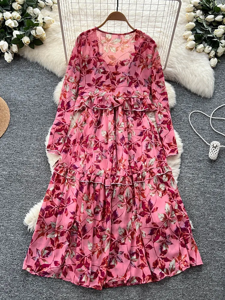 Vestido F de Manga Longa com Estampa Floral Retrô, Estilo Solto em A, Cintura Alta, Fibra de Poliéster, Versão Coreana...