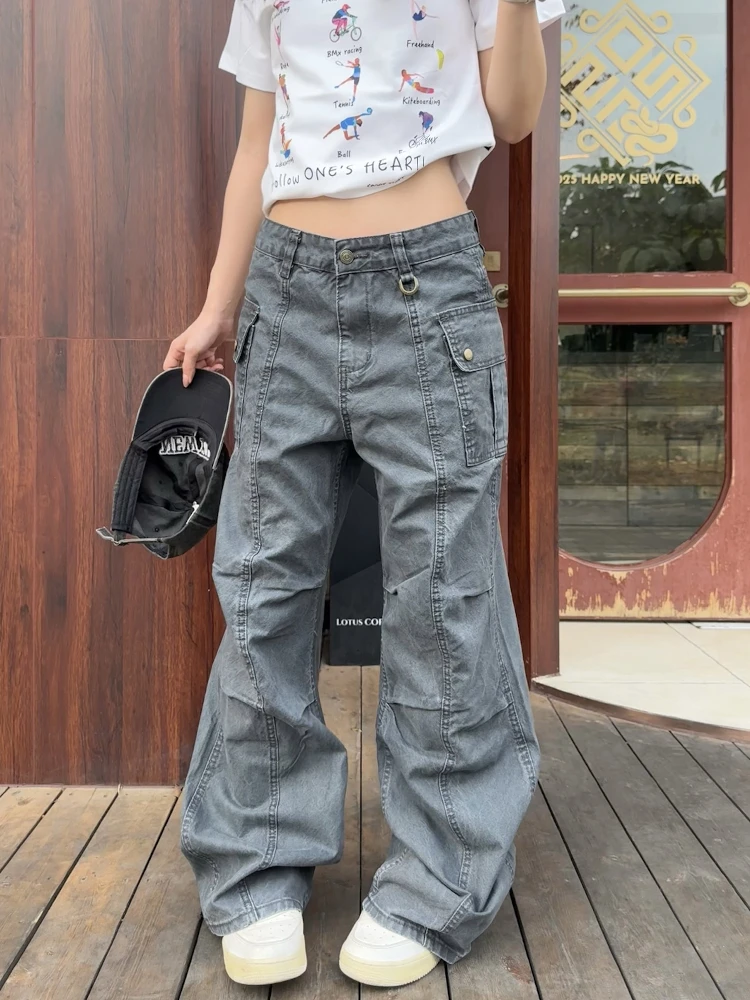 

American Retro Multi-ket Work Pants Women's Straight Leg Waed Casual Long Trousers 3D Slimming Knife Folded Sle