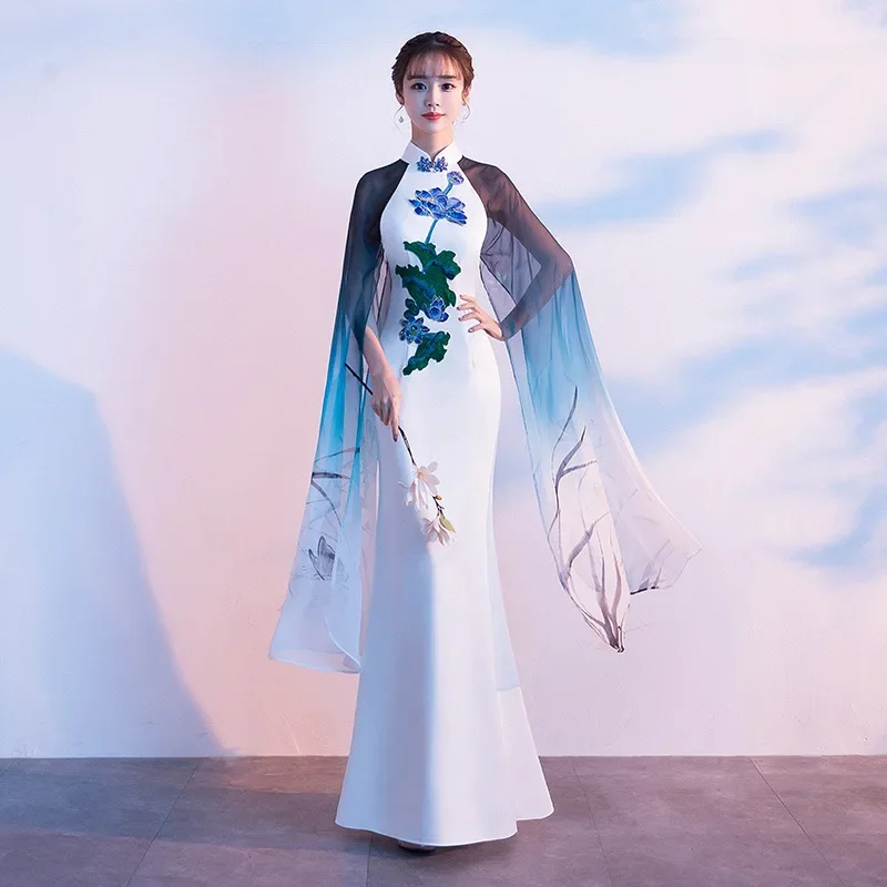 

Белое длинное платье Cheongsam с аппликацией и русалкой, элегантное темпераментное тонкое платье Ципао в китайском стиле