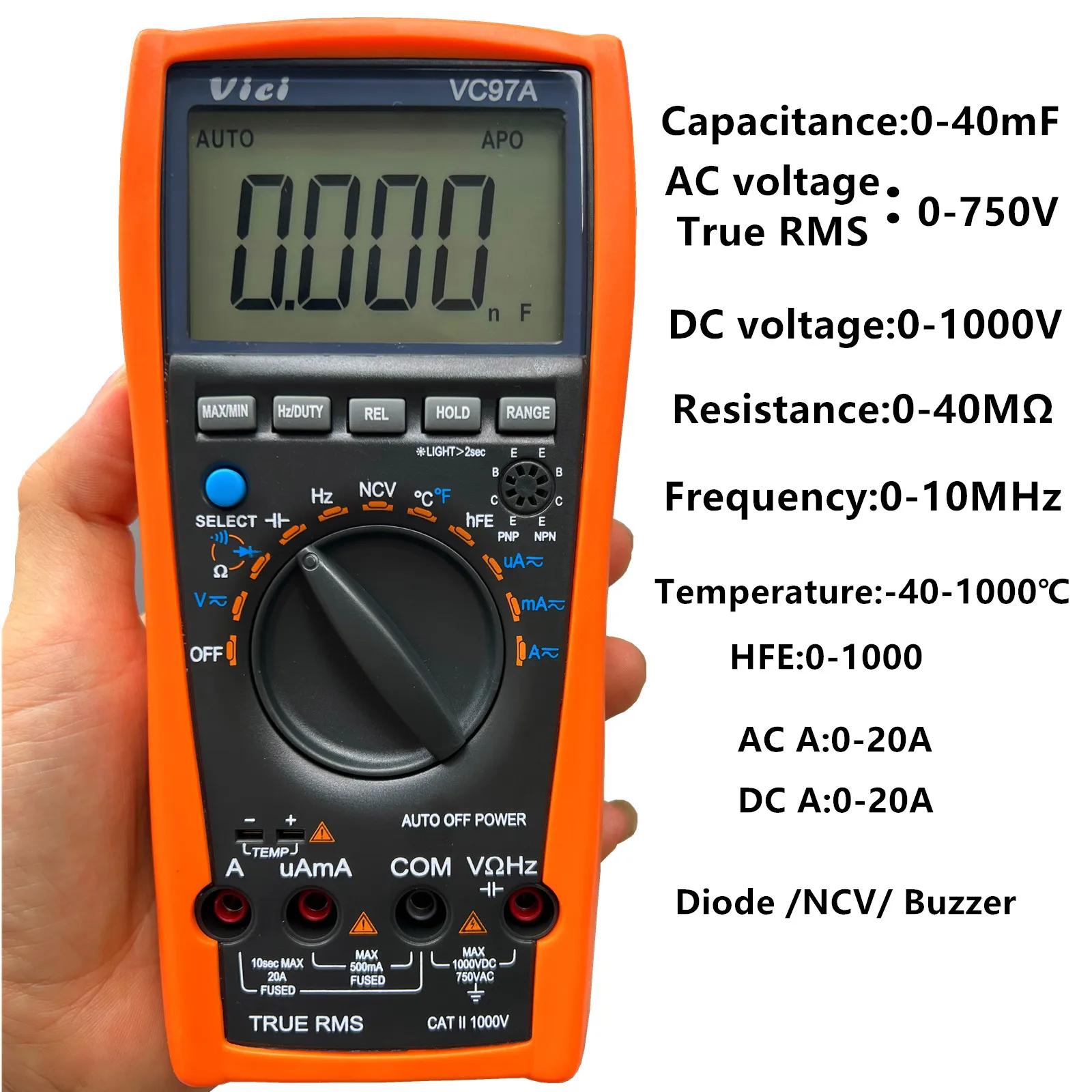 VC97A جديد VC97 1000 فولت مقياس رقمي متعدد تيار مستمر التيار المتناوب السيارات المدى DMM درجة الحرارة الحالية متر السعة المقاومة ديود