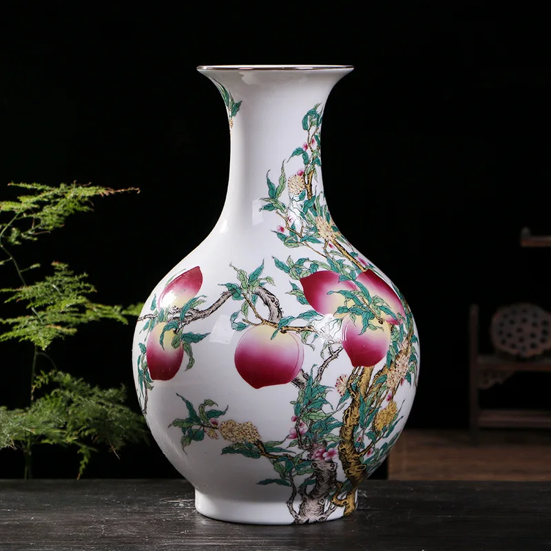 YFY  Antique Chinese pastel nine peach celestial ball vase, vase decorative ornament, home living room porcelain