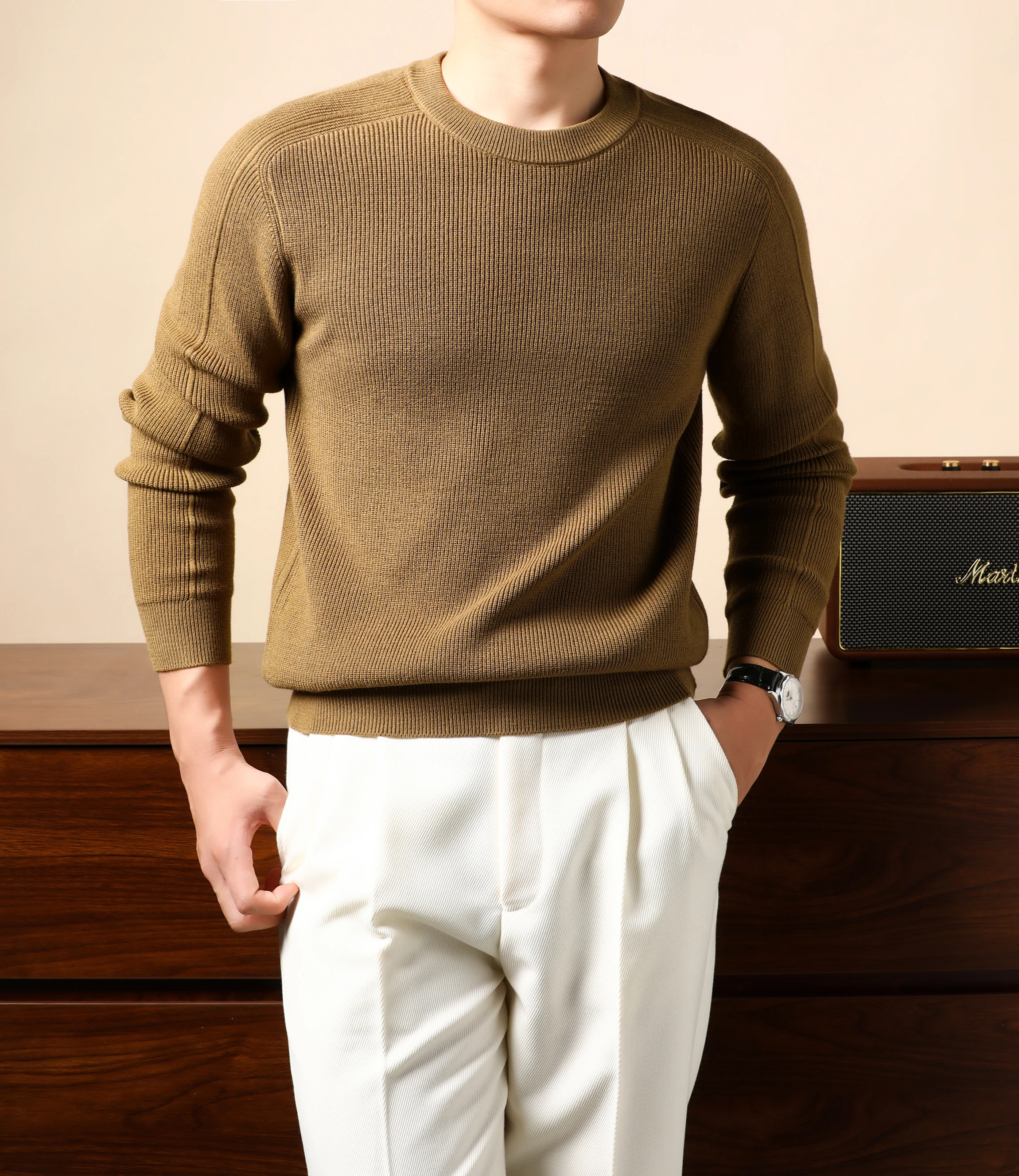 Trendy High-End Men's Sweater Autumn Winter New Classic Jacquard Round Neck Luxury Brand Simple Solid Color Casual Knit Pullover