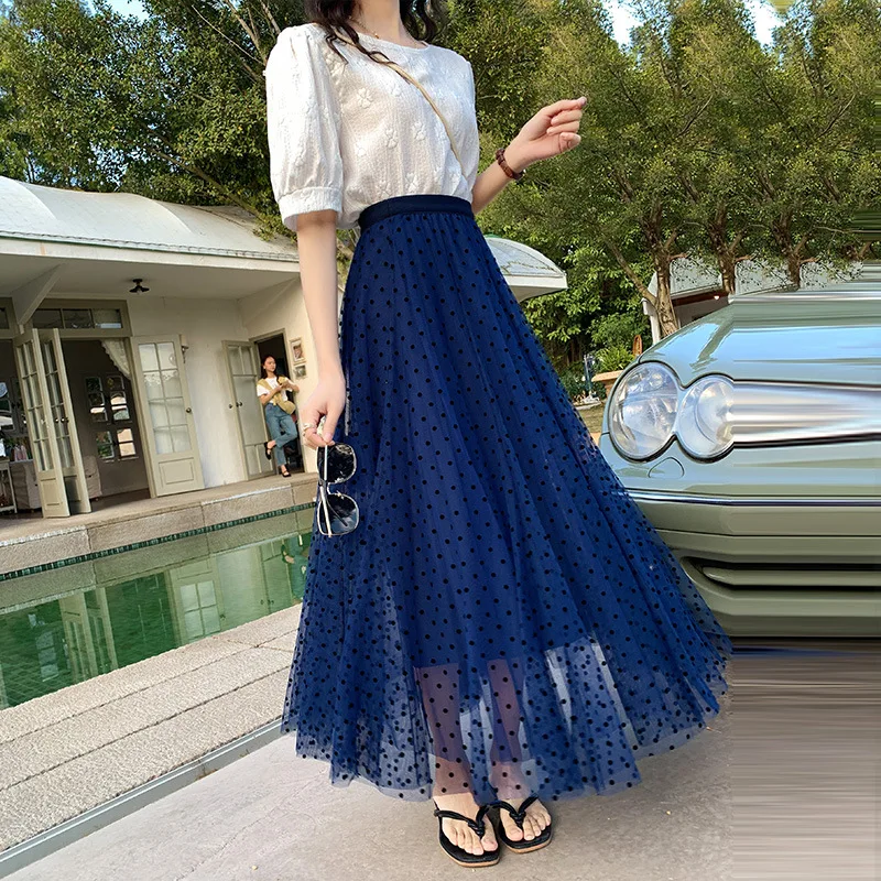 

OHRYIYIE Fashion Polka Dot Tulle Skirt Women 2023 New Spring Summer Elastic High Waist A Line Skirt Female Long Mesh Party Skirt