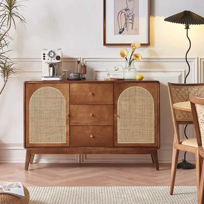 

Nordic retro solid wood dining side cabinet, living room rattan storage, wabi-sabi wind wall storage cabinet