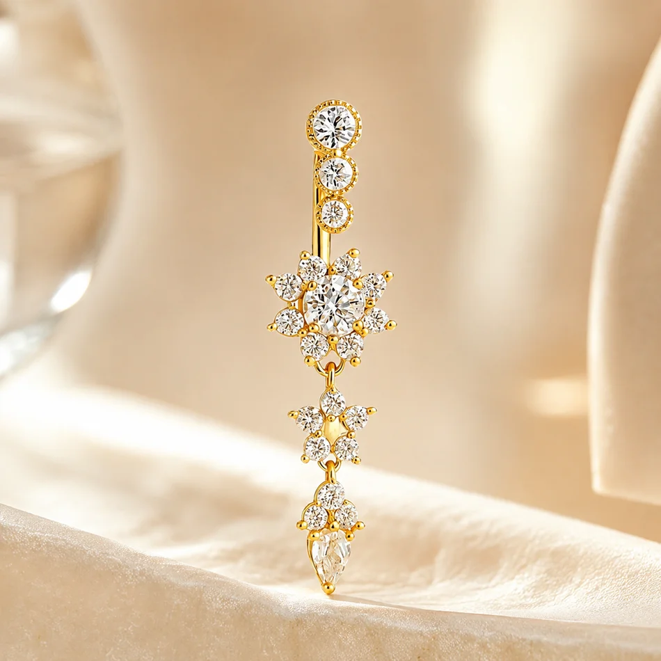 Women's Crystal Flower Navel Piercing Jewelry Body Dangle Barbell Bar Belly Button Ring 8mm 12mm 14mm 16mm Titanium Navel Curve view 2