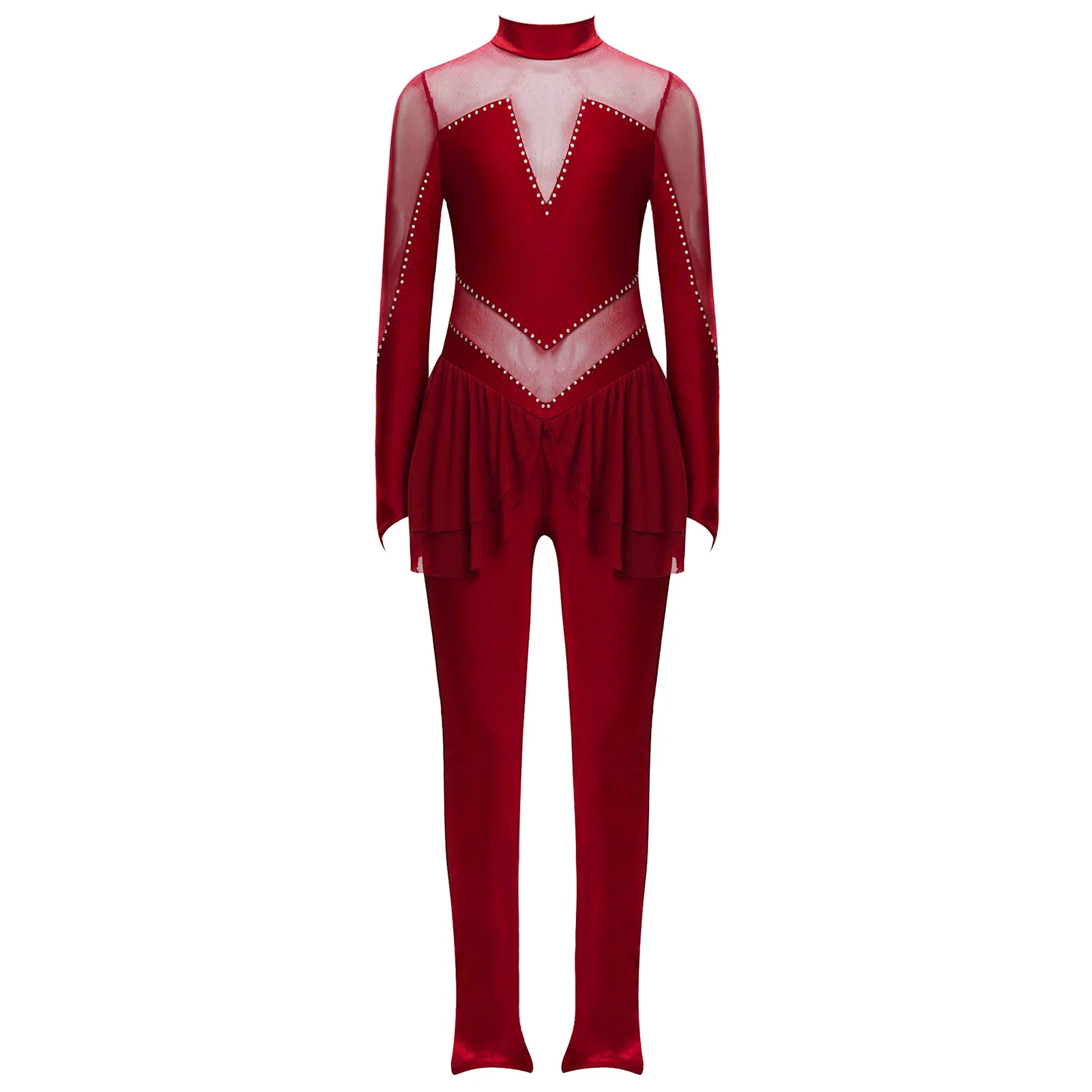 Ballet Gymnastics Jumpsuit Figure Ice Skating Performance Costume for Kids Girls Mock Neck Long Sleeve Sheer Mesh Rhinestone