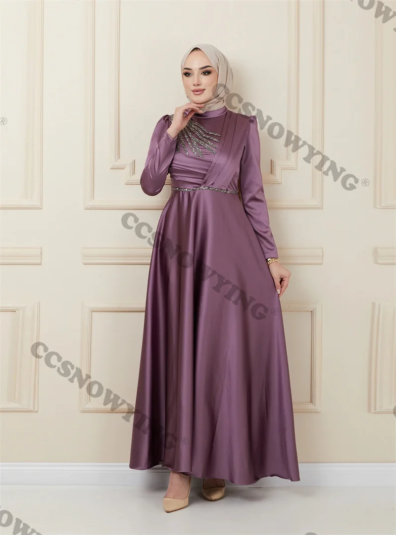 

Long Sleeve Muslim Evening Dress Islamic Stain Beaded Hijab Prom Formal Party Gown Arabic Dubai Women A Line Moroccan Caftan