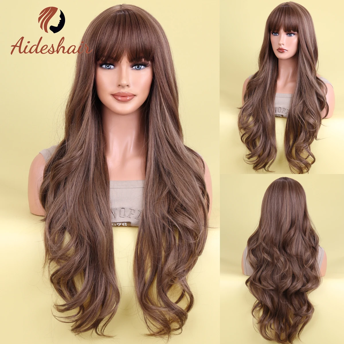 Aideshair Brown Wigs for Black Women Long Wavy Ombre Blond Wigs With Bangs Synthetic Wig Hair Repalcement Wigs