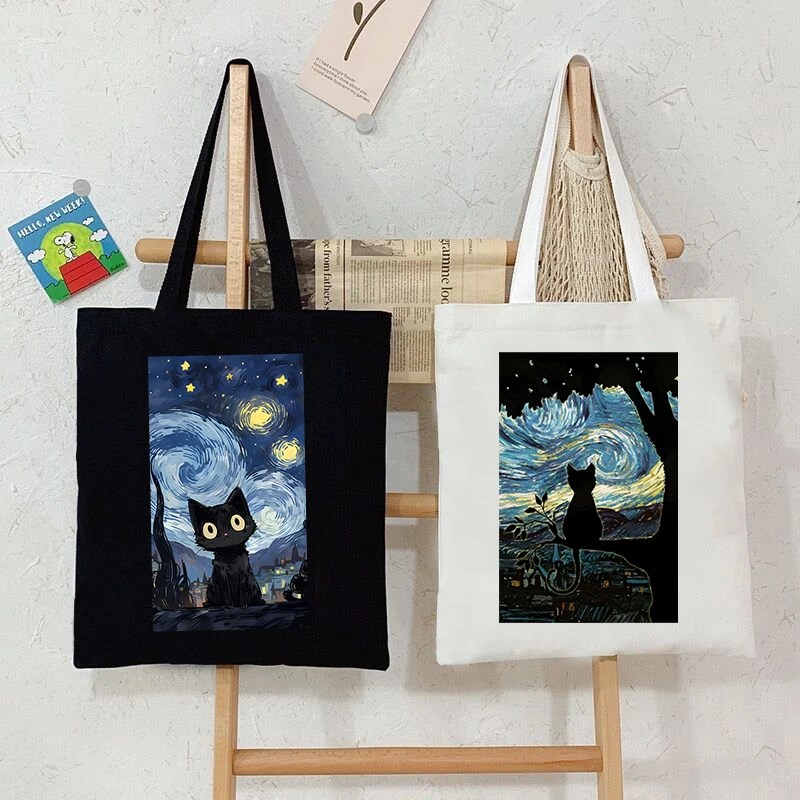 

Starry Sky Oil Painting Cats Graphics Canvas Bag for Women Men Funny Animal Handbags Storage Reusable Kitten Shoulder Tote Bag