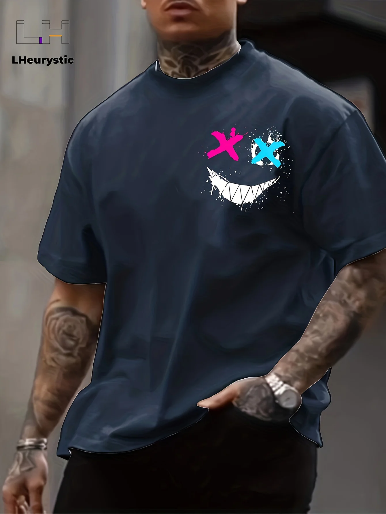 Pop Men's Summer 100% Pure Cotton Fashionable Casual Sports Loose 3D Smiling Face Printed Round Neck Short Sleeved T-shirt Top