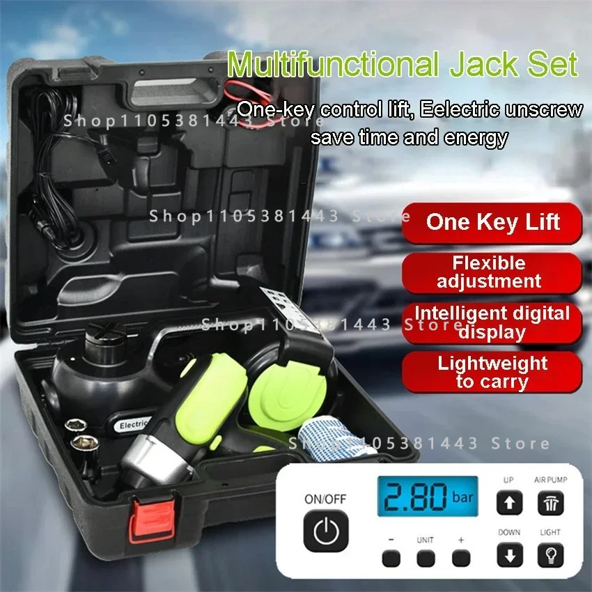 Electric Hydraulic Jack Set Lifting Jack with Impact Wrench Compressor LED Light Portable 12V 5Ton 4 in1 Electric Car Jack Kit
