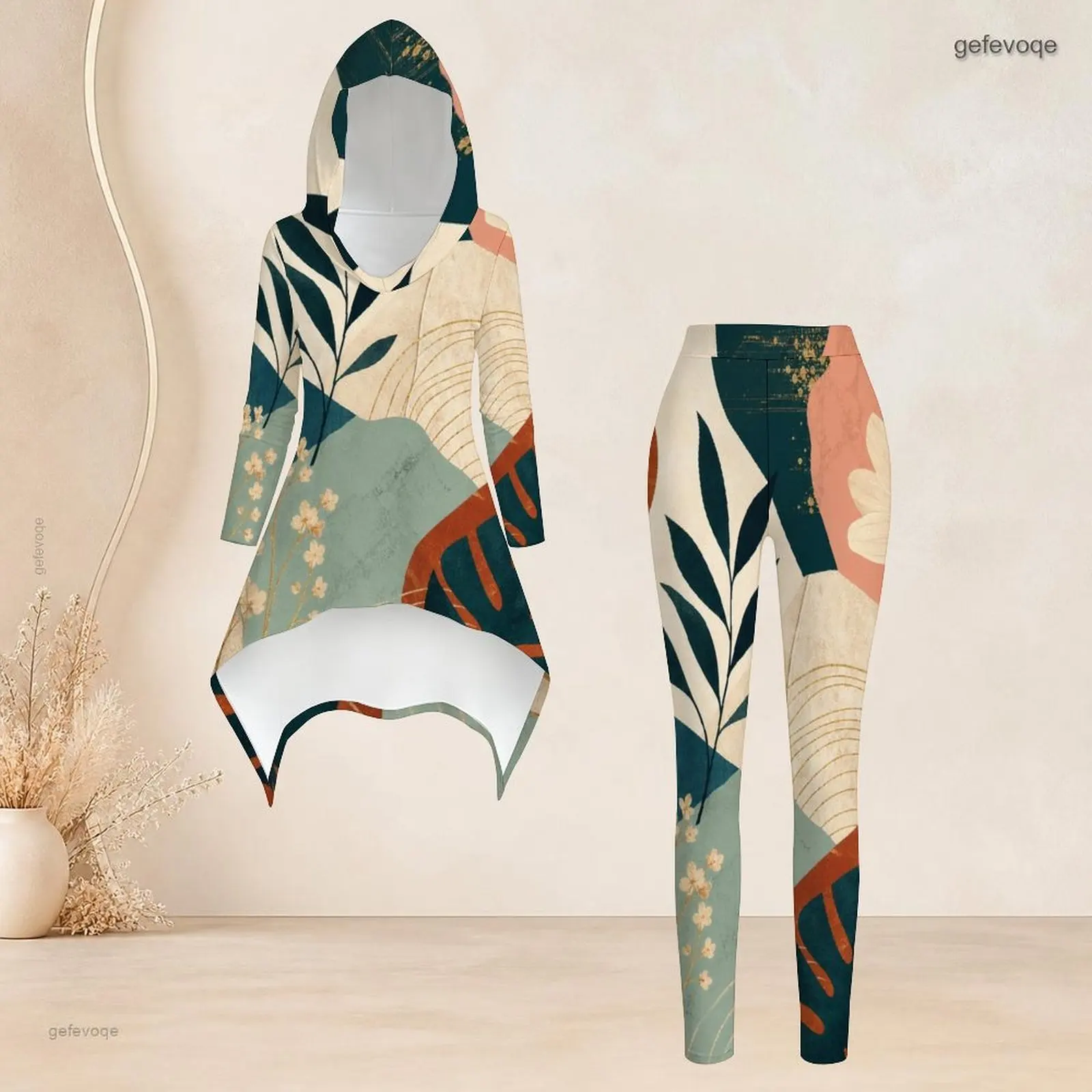 Women Abstract Brush Stroke Printed Hooded Long Sleeve High Low Top and Fitted Leggings Two Piece Set