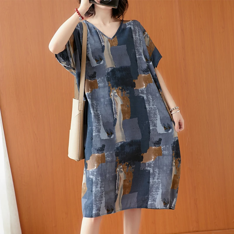 

Летнее платье миди из хлопка и льна больших размеров с V-образным вырезом и принтом, повседневное, свободного кроя, с коротким рукавом, для молодых женщин 18-24 лет