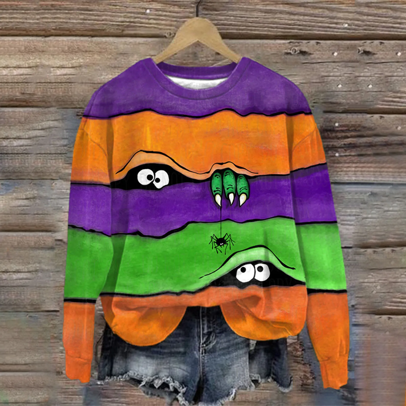 Halloween Striped Dinosaur Spider Colour Block Hoodies O-Neck Long Sleeve Hoodless Sweatshirt Oversize Cute Cartoon Sweatshirt