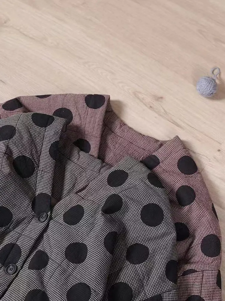 Plus Size Dames Katoen Jaet Thiened V-Ne ort Bovenkleding Retro Polka Dot Print Loose Fit Herfst Winter Faionable