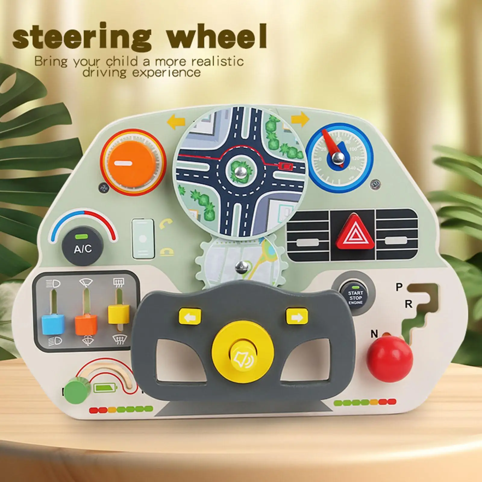 Wooden Car Steering Wheel Toy Pushing Busy Board for Activities Plane Gifts