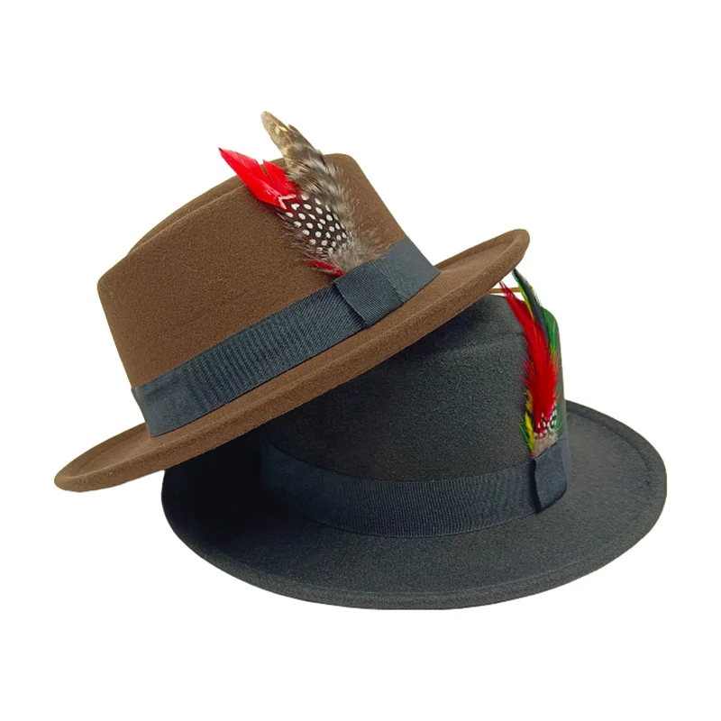 men fedoras jazz hats Porkpie hats Feather Flat Top hat  vintage Business winter Panama fashion sombrero hombre chapeu masculino