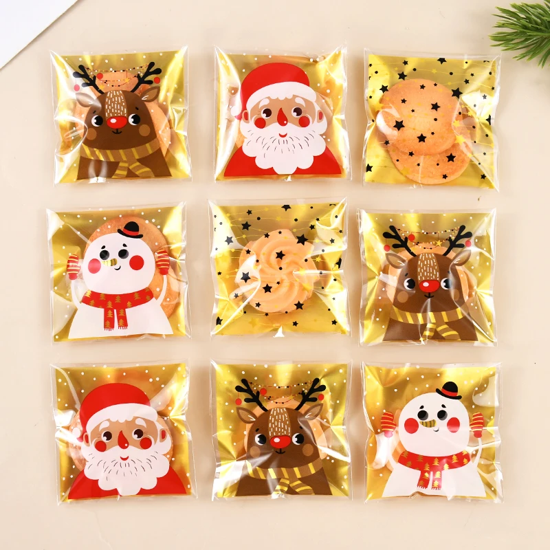 

100Pcs 7x7cm Christmas Candy Bags Santa Snowman Cookies Gifts Packaging Self Adhesive Bags For New Year Navidad Xmas Party Decor