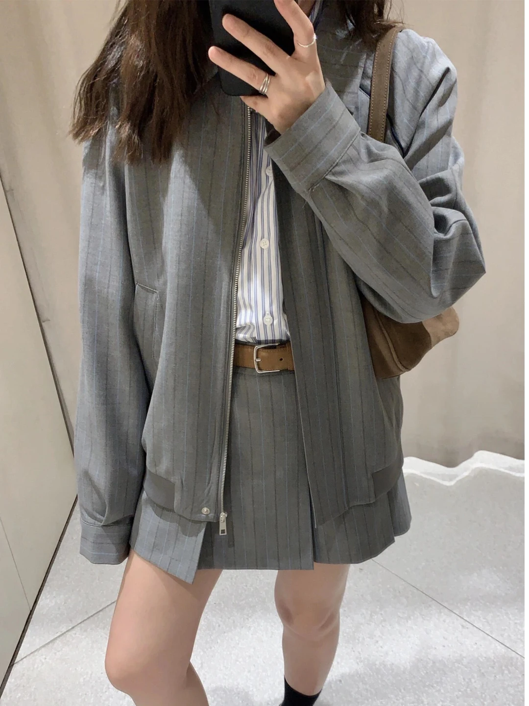 

Spring 2025 Women's Casual Loose Fit Pilot Jaet Striped Collarl Outerwear Long Sve Windproof Elastic Hem Zipper Closure