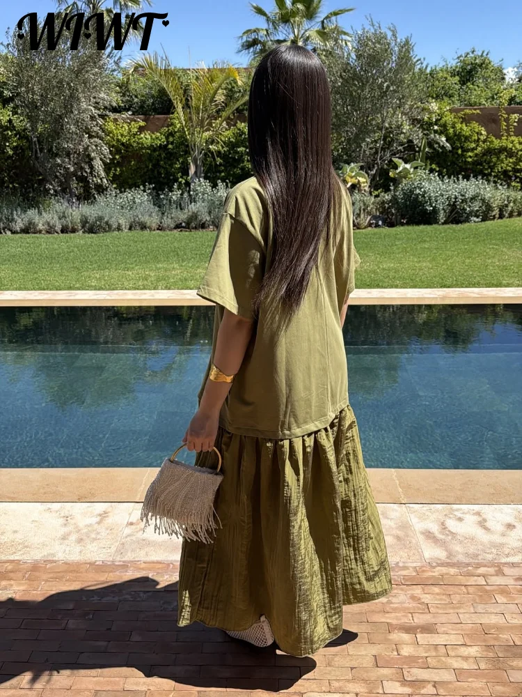 Vestidos Plisados Holgados con Parches para Mujer, Vestidos Largos con Cuello Redondo y Manga Corta, Moda Verano 2026, Vestido Casual Elegante para Mujer
