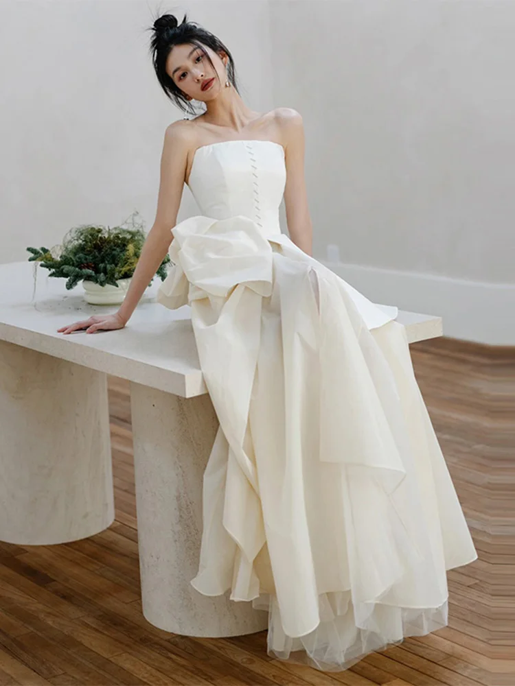 

Ele Simple Vintage White Bridal Gown Lightweight Satin Strapl Dr for Wedding Ceremony And Photoaphy